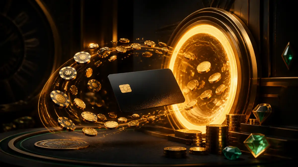 Detail zlatých casino žetonů na tmavém stole